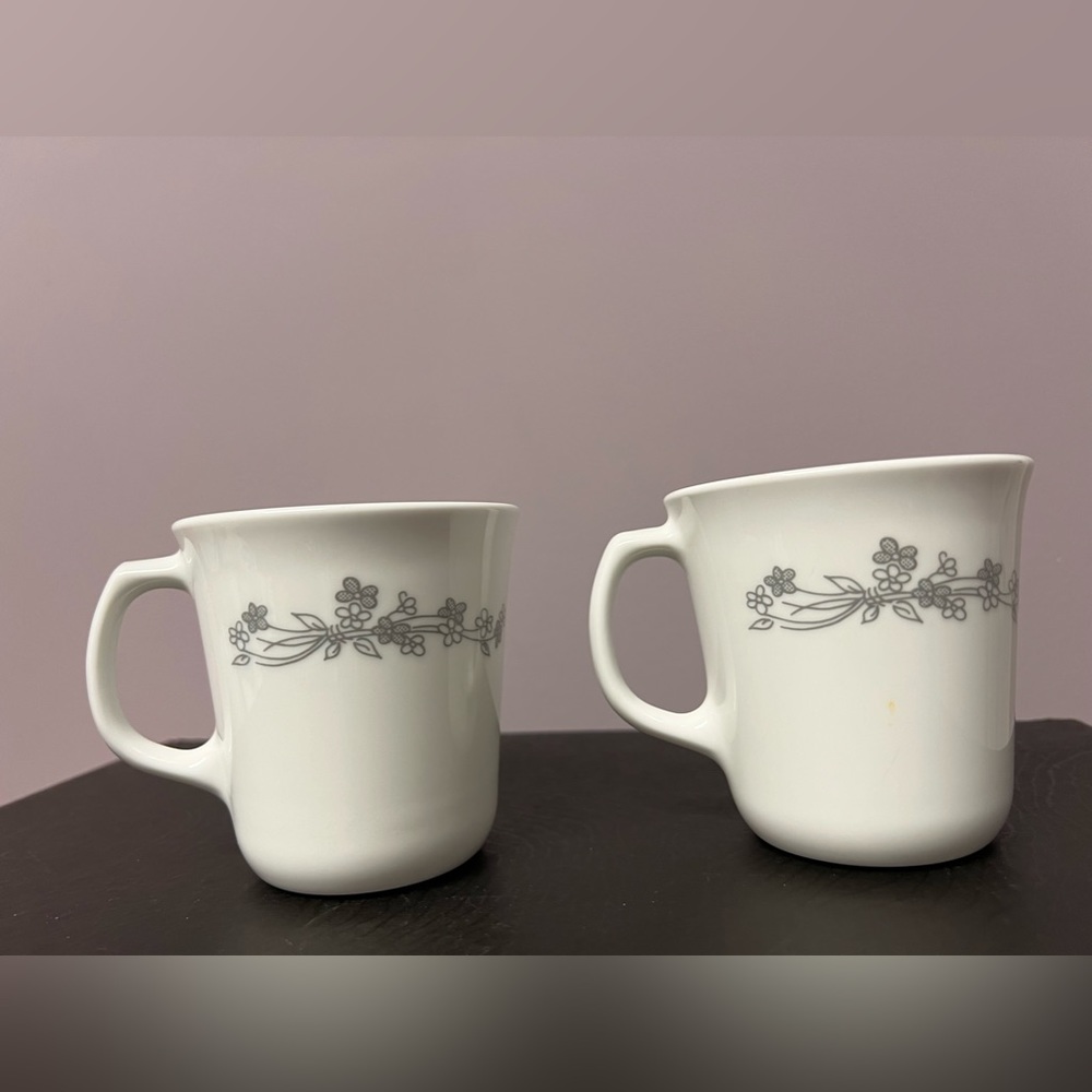 2 Mugs BUNDLE Corning Ware RIBBON BOUQUET Cups VINTAGE Gray Flowers